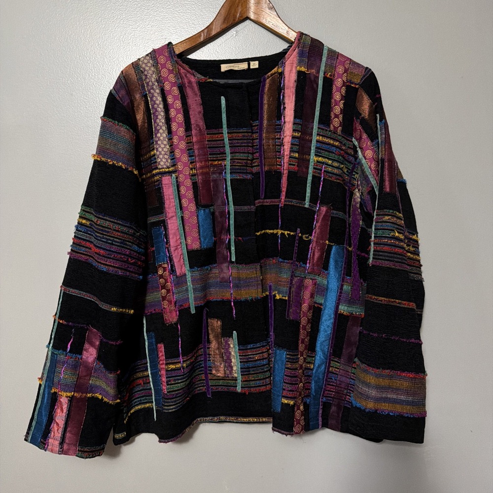 Velour Patchwork Peasant Snap Blazer Jacket 2X Boho Art to Wear Colorful Choices